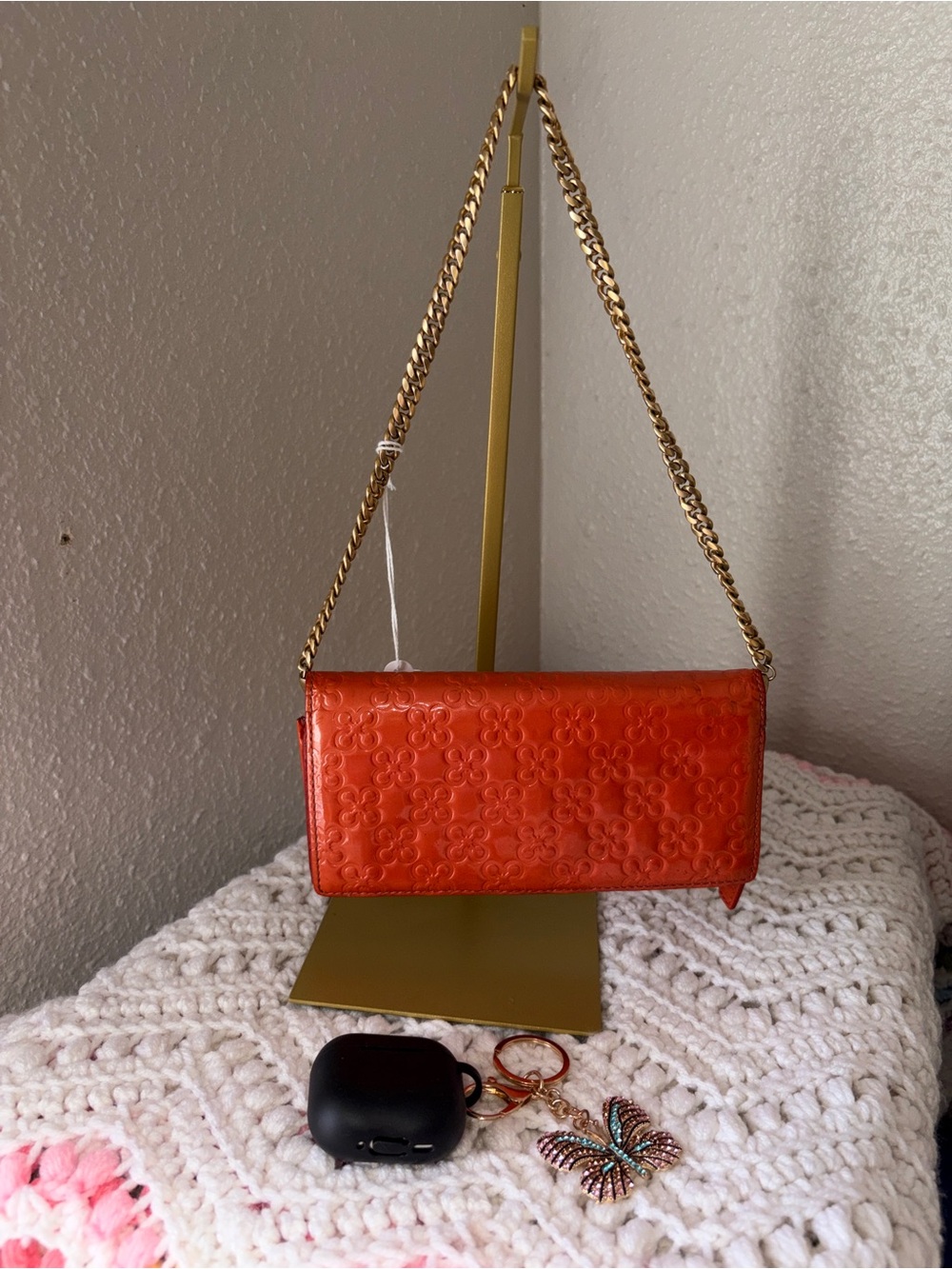 Coach Orange Floral Embossed Chain Strap Shoulder Bag/wallet
